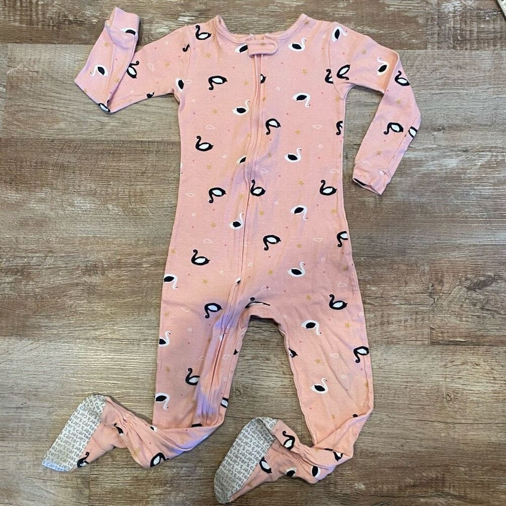 Carters One Piece Footed Pajamas Peach Swan Star Pattern Snug Fit Size 5T - Picture 2 of 9
